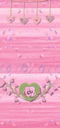 This phone live wallpaper features a soft pink background adorned with hearts and flowers, creating a romantic and whimsical feel
