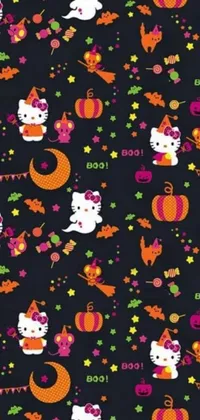 This phone live wallpaper features a joyful Hello Kitty pattern on a sleek black backdrop, with a spooky autumn night Halloween scene