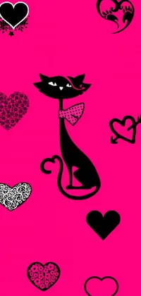 This lively phone wallpaper boasts a delightful pop art-style design featuring a cute black cat atop a bright pink background