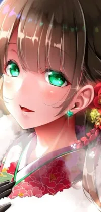 This live wallpaper depicts a stunning anime girl wearing a traditional kimono with a close up of her face