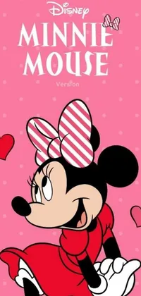 This live wallpaper features Minnie Mouse character on a pink retro pop art-inspired background with a detailed red velvet design