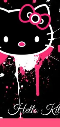 This live phone wallpaper depicts a Hello Kitty character against a pink background with black paint splatters