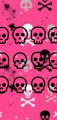 This live wallpaper features a cluster of skulls set against a pink backdrop
