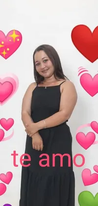 This live wallpaper for smartphones showcases an elegant woman donning a black dress, captured amidst a heart-filled backdrop with tachisme-inspired abstract art