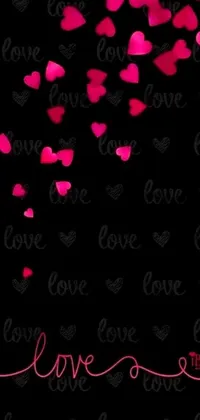 Transform your phone's background with this stunning live wallpaper featuring a sleek black background embellished with lively pink hearts and the word "love" in an elegant script font