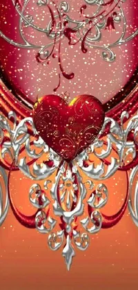 This art nouveau style phone live wallpaper features a red and silver heart on a warm red background
