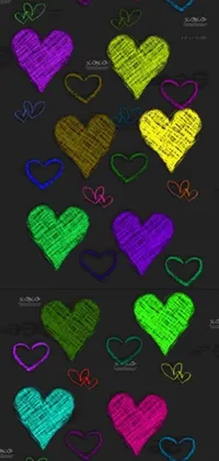 This lively and colorful phone live wallpaper features a fun and playful design, comprising a range of hearts in various shades including pink, purple, blue, and green, against a contrasting black background