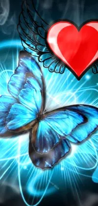 This stunning live wallpaper for your phone features a beautiful blue butterfly with intricate wings and a heart-shaped pattern on its body