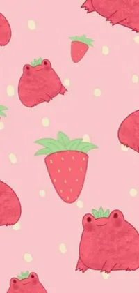 Enhance the look of your phone with a refreshing live wallpaper of cute strawberries on a delightful pink backdrop