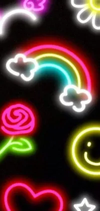 This vibrant phone live wallpaper features an eye-catching combination of neon lights, graffiti, stick figures, rainbows, red neon roses, smiley faces, and other symbols