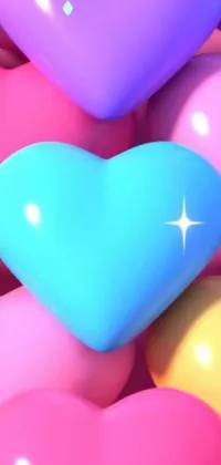 Brighten up your phone's home screen with this trendy and playful live wallpaper! Featuring a bunch of colourful hearts sitting on top of each other and pulsing with energy against a pink and blue neon background
