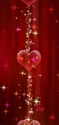 This stunning phone live wallpaper features a beautiful digital art piece showcasing a string of hearts set against a red curtain and star-filled background