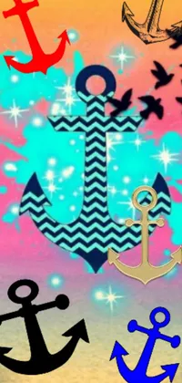 This live phone wallpaper features a digital art design of anchors and birds set against a colorful background