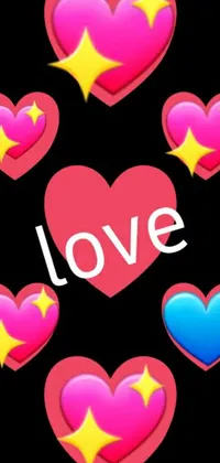This phone live wallpaper features heart-shaped graphics with the word "love" prominently displayed on a black background