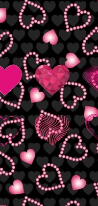 This phone live wallpaper features a vibrant pop art design with a bunch of pink hearts arranged against a black background, adorned with shiny diamonds and beads