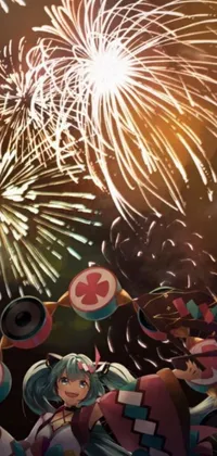 This dynamic live phone wallpaper boasts an army of anime characters set against a stunning backdrop of fireworks