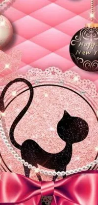 This live wallpaper boasts a digital rendering of an ornate black cat against a pink Christmas card background, sourced from the Japanese website pixiv