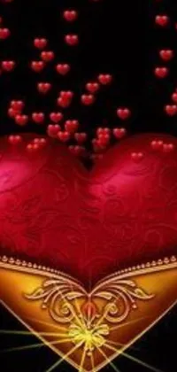 This phone live wallpaper showcases a stunning red heart adorned by smaller gem-encrusted hearts against a dark black background