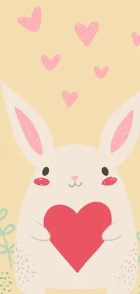 This phone live wallpaper features a delightful illustration of a white rabbit holding a red heart in a pastel-toned garden