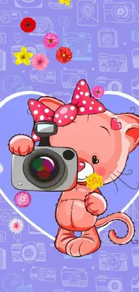 Looking for a cute and playful live wallpaper for your phone? Check out this adorably animated image featuring a cartoon cat taking a photo of a beautiful catgirl