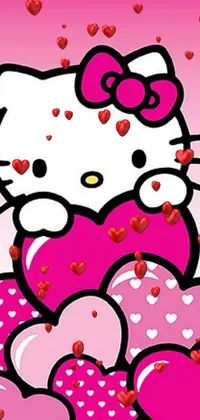 Get ready to add some pop art fun to your phone with this lively Hello Kitty live wallpaper! Featuring the iconic cartoon character sitting atop a pile of colorful hearts, this close-up view showcases the vibrant pink background and playful animation
