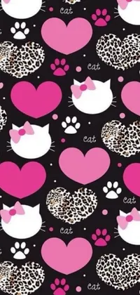 This black phone live wallpaper features a cute pattern of cats, pink tigers, and hearts that pop against the dark background