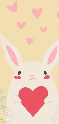 This phone live wallpaper features an adorable white rabbit holding a bright red heart in its paws, depicted in enchanting vector art style