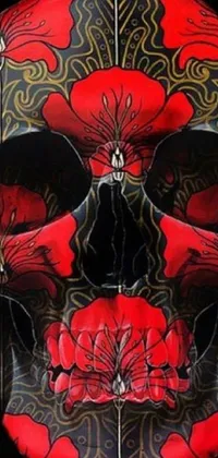 Get a unique phone live wallpaper with digital art of a detailed skull embellished with red flowers that follows the vanitas theme