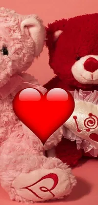 This phone live wallpaper depicts two cute teddy bears sitting next to each other on a romantic background in shades of pink and red