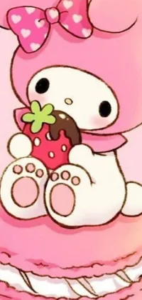 This phone live wallpaper boasts a delightful pink teddy bear adorning a luscious strawberry and cake