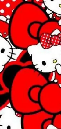 This phone live wallpaper features a playful design with multiple Hello Kitty characters sitting atop each other in lively poses