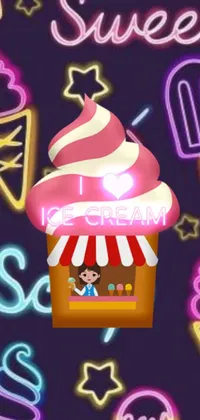 Looking for a fun and whimsical live wallpaper for your phone? Look no further than this ice cream shop surrounded by bright neon lights! This cute cartoon-style wallpaper features animated characters in front of a colorful ice cream shop