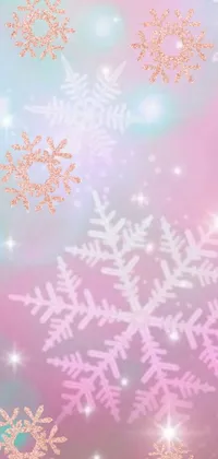 This phone live wallpaper features a dreamy and magical transformation of your screen with a pink and blue background, perfectly paired with gentle snowflakes and a breathtaking winter landscape photo