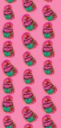This phone live wallpaper features a fun and colorful pattern of cupcakes on a bright pink background