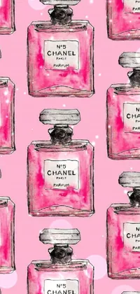 Enjoy a stylish and playful phone wallpaper that showcases a pattern of Chanel perfume bottles on a soft pink background