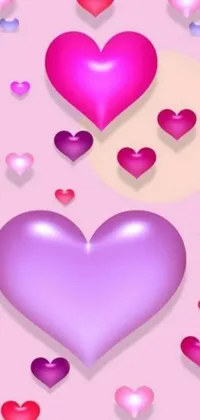 This lively phone live wallpaper features colorful hearts of various shades that move joyfully across a soft pink backdrop