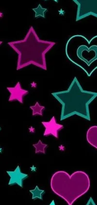 This phone live wallpaper boasts a stunning display of colorful stars and hearts set against a sleek black background