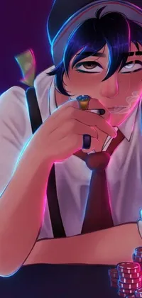 This live wallpaper boasts an anime-style drawing featuring a male figure smoking at a table while surrounded by stylized neon designs