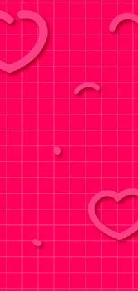 This phone live wallpaper features two hearts on a vibrant pink background with tiny red grids, creating a playful and dreamy Tumblr aesthetic