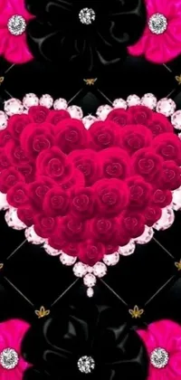 This phone live wallpaper showcases a stunning heart-shaped arrangement of pink roses complete with sparkling pink diamonds for added polish