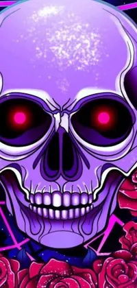 This live wallpaper showcases a striking digital image of a detailed skull with red eyes encircled by roses against a backdrop of glowing purple neon