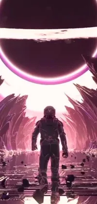 This space-themed phone live wallpaper features a man in a space suit standing in front of a planet