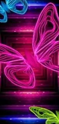 Get ready to be amazed by this stunning neon butterfly live wallpaper for your phone! The digital art by a renowned and talented artist features neon butterflies gracefully fluttering in vivid pink against a sleek black background, creating a mesmerizing and photorealistic effect that will catch anyone's eye