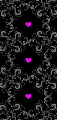 If you want a phone live wallpaper that exudes a gothic and modern style, check out this design! Against a black background, you'll see a pattern with pink hearts and intricate swirls rendered digitally