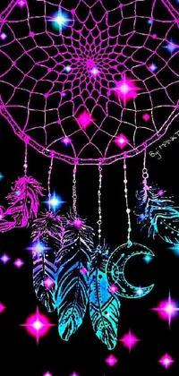 This live wallpaper features a captivating black background with a vibrant pink and purple dream catcher inspired by psychedelic art