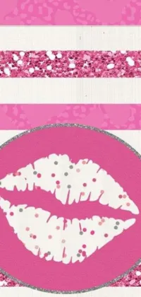 This live phone wallpaper showcases pink and white stripes, with a large pair of puckered lips taking centre stage
