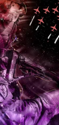 This phone live wallpaper showcases a cyberpunk-inspired artwork featuring a person holding a gun while wearing futuristic attire and cybernetic enhancements