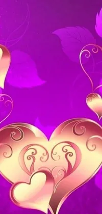Get ready to fall in love with this Y2K inspired phone live wallpaper featuring a purple background adorned with gold hearts and leaves