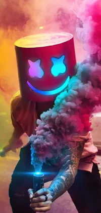 This phone live wallpaper showcases an imaginative and colorful image by a renowned graphic artist, featuring a person with a peculiar box on their head emitting smoke