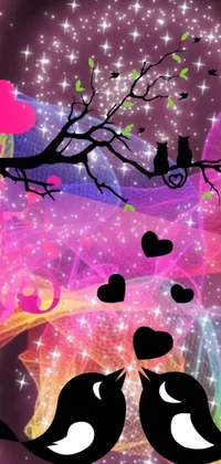Transform your phone screen with this cheerful and vibrant live wallpaper featuring a pair of birds sitting on a tree branch surrounded by a starry night sky filled with cute cat faces